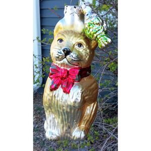 Lion with Fish Glass Christmas Ornament Red Bow Kitty Cat 7"